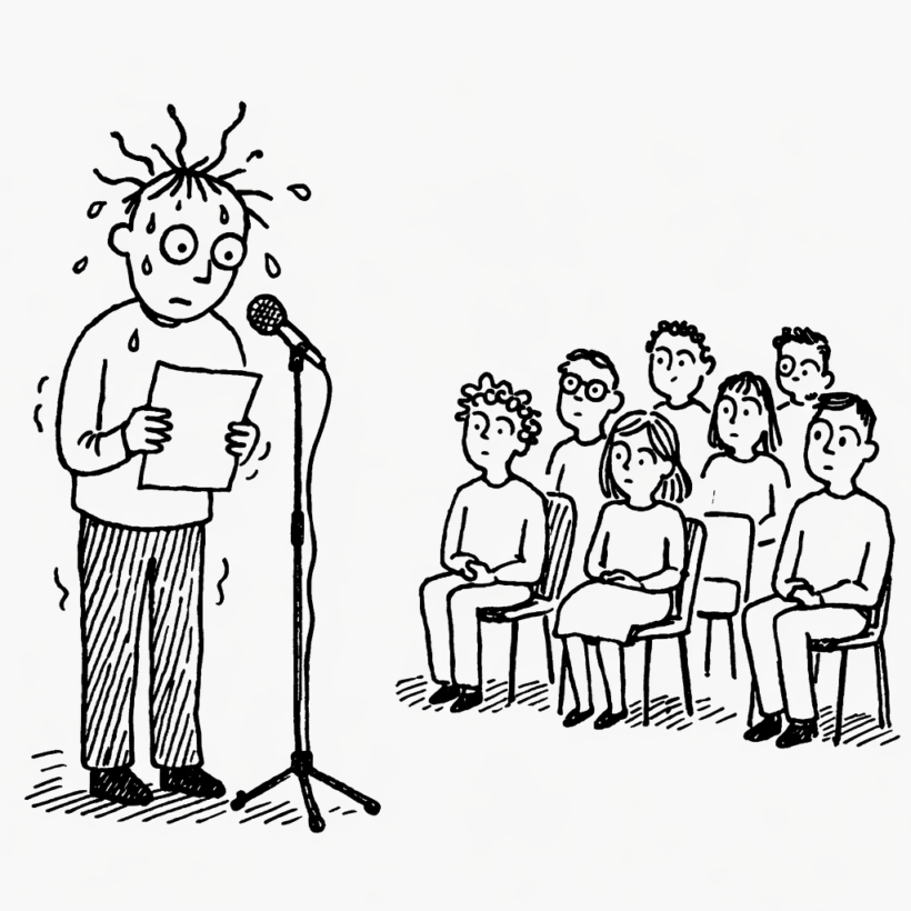 Czarno-biała ilustracja osoby stojącej na scenie przed publicznością, symbolizująca lęk wykonaniowy i presję bycia ocenianym.